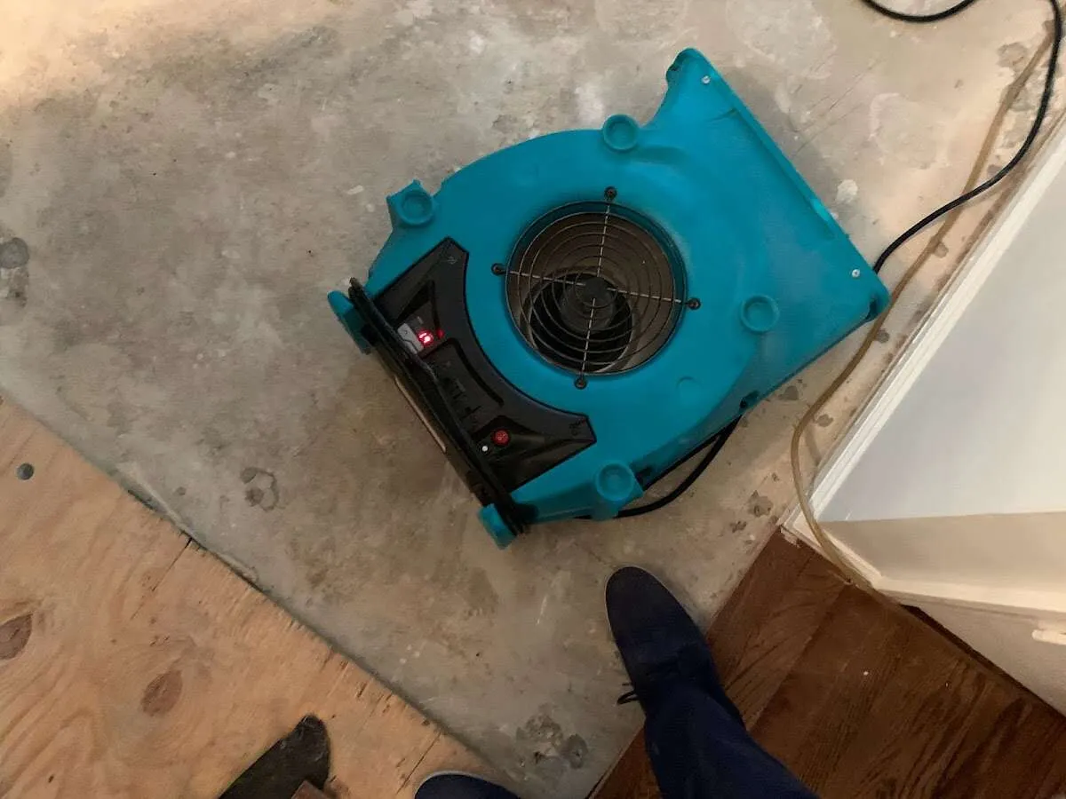 Air mover drying subfloor during Commercial Water Damage Restoration in Topanga