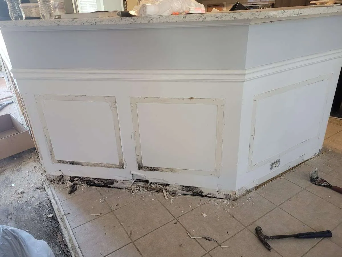 Water damage and mold on kitchen during Sewage Cleanup & Sanitation in Topanga